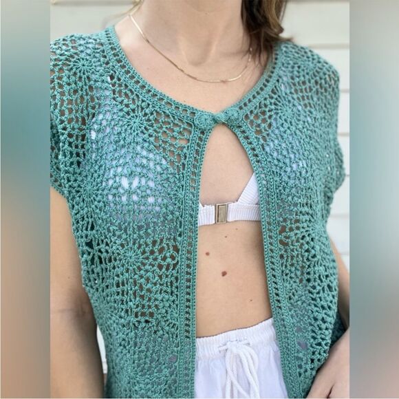 Y2K Teal Crochet Short Sleeve Cardigan Coverup Button Closure - Picture 2 of 7